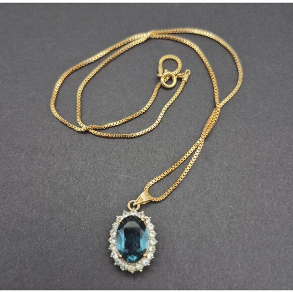Gold Tone Box Chain Necklace Blue Stone Oval Pendant Clear Crystal Trim 18" - Picture 6 of 7